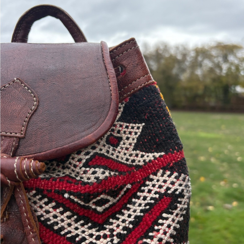 Vintage Kilim & Leather Backpack | Boho Tribal Woven Bag | Southwestern Purse - Picture 3 of 10